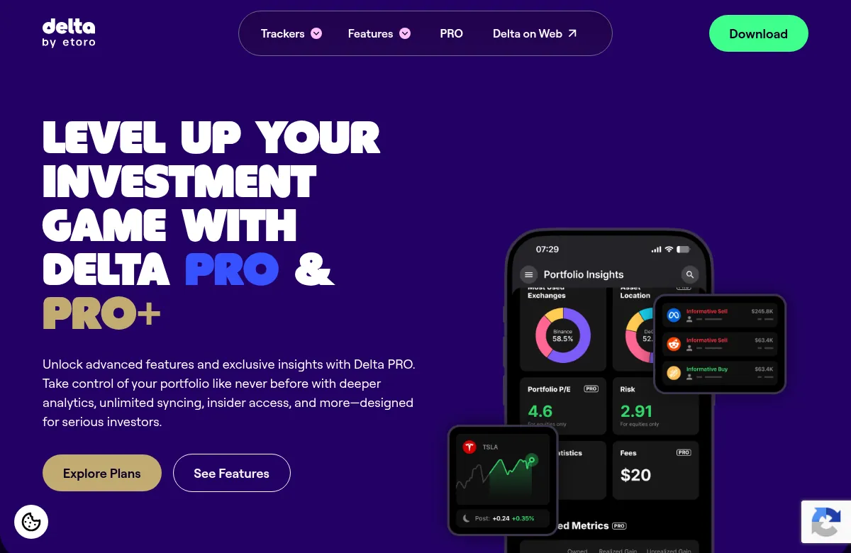 Delta by eToro PRO page showing portfolio insights in the Delta app