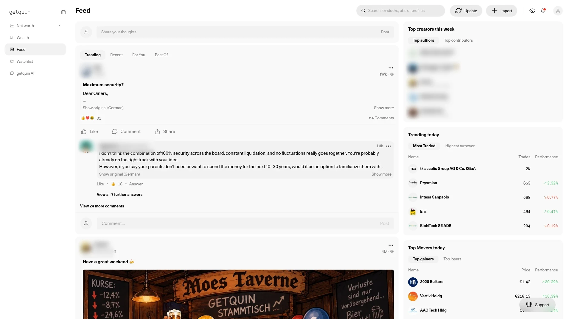 getquin Community Feed on the Trending tab in light mode with posts from other investors