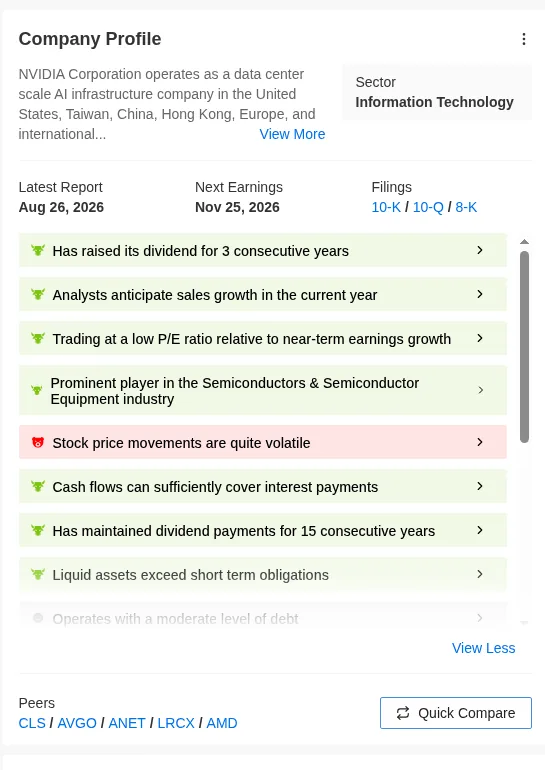 InvestingPro ProTips list for NVIDIA with green strengths and a red warning written as short plain sentences