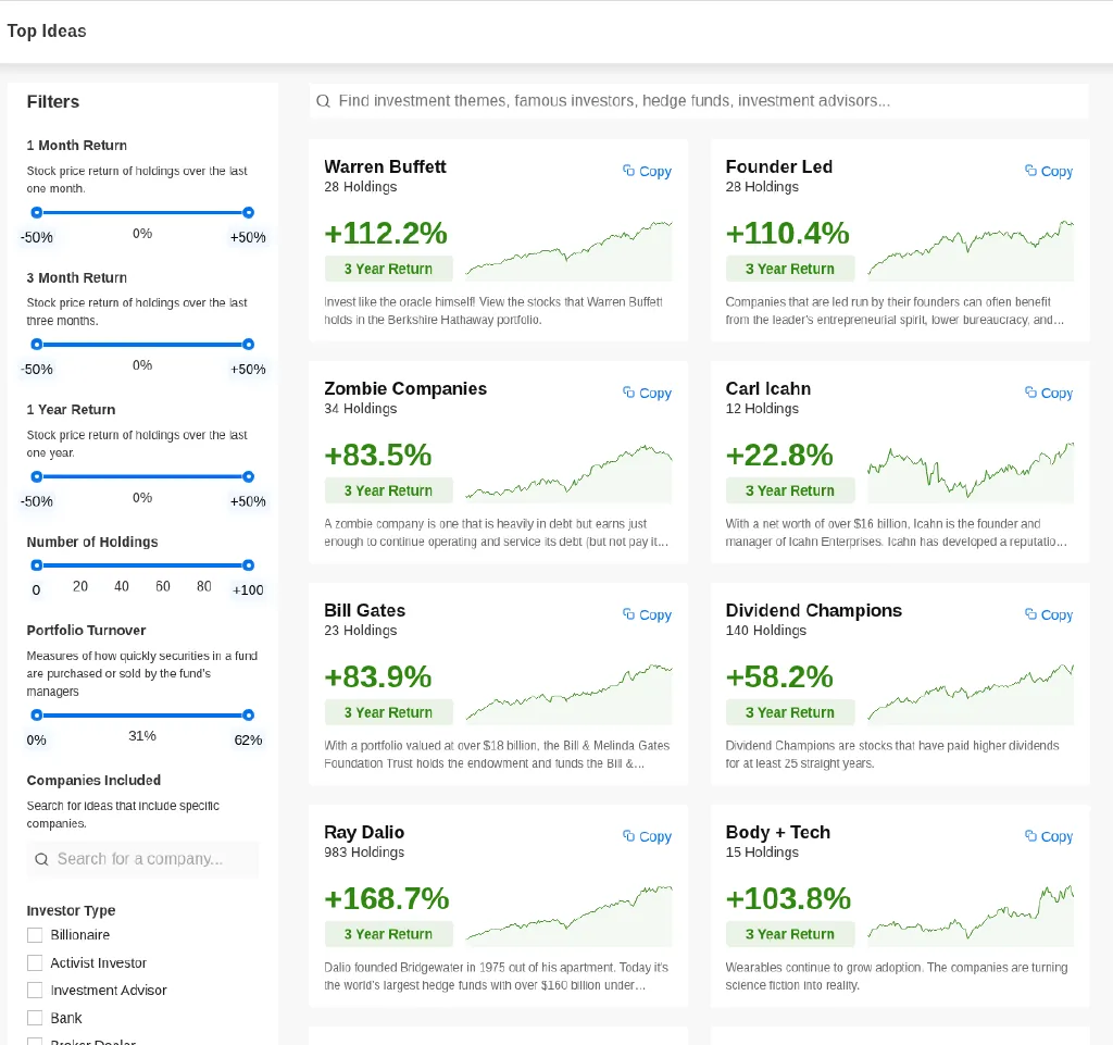 InvestingPro Top Ideas page with ready-made lists such as Warren Buffett, Founder Led and Dividend Champions, each with a 3 year return