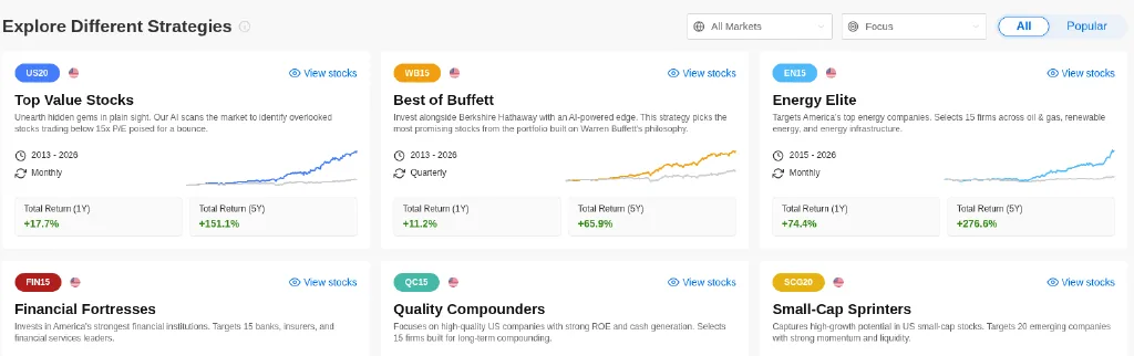 InvestingPro ProPicks strategy list with cards for Top Value Stocks, Best of Buffett and Energy Elite showing 1 year and 5 year total returns