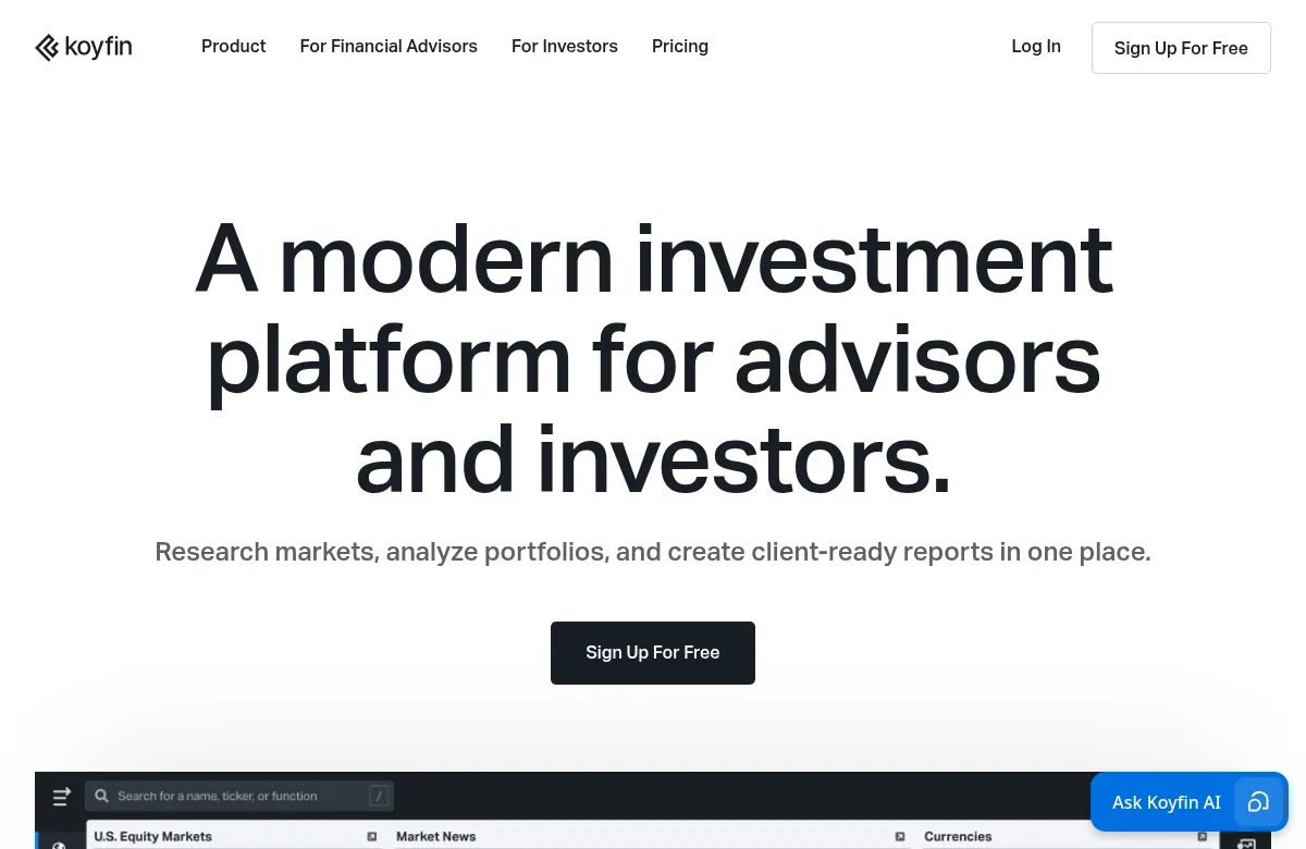 Koyfin homepage, an investment platform for research, portfolio analysis and reports