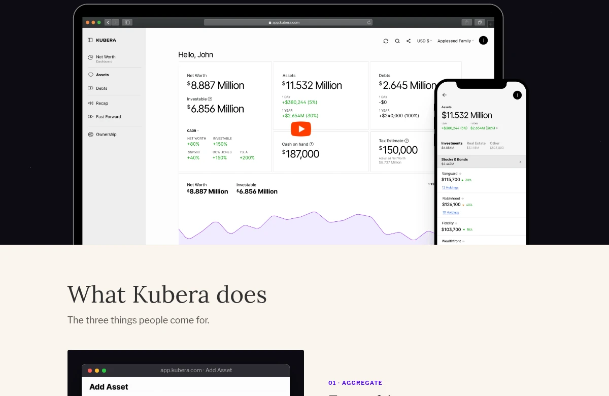 Kubera product mockup of a net worth and balance sheet tracker dashboard in light mode