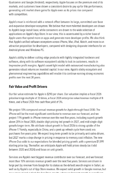Morningstar analyst text on the Analysis tab for Apple, explaining the moat and the Fair Value and Profit Drivers section with the fair value per share