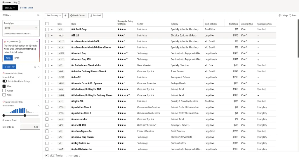 Morningstar stock screener with an AI quick filter for US stocks with a wide economic moat trading below fair value, and columns for Morningstar Rating for Stocks, sector, industry, style box, market cap, economic moat and capital allocation