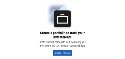 Empty Morningstar portfolio page with a prompt to create a portfolio to track investments with Morningstar ratings and data, and a Create Portfolio button