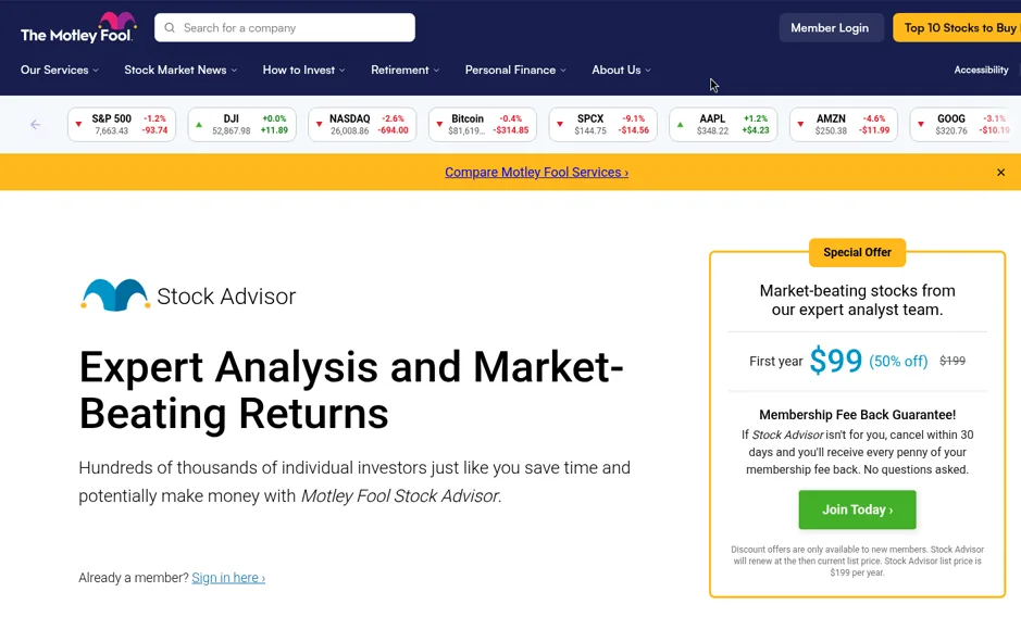 Motley Fool Stock Advisor sign-up page with the headline Expert Analysis and Market-Beating Returns and a new member offer box with the membership fee back guarantee