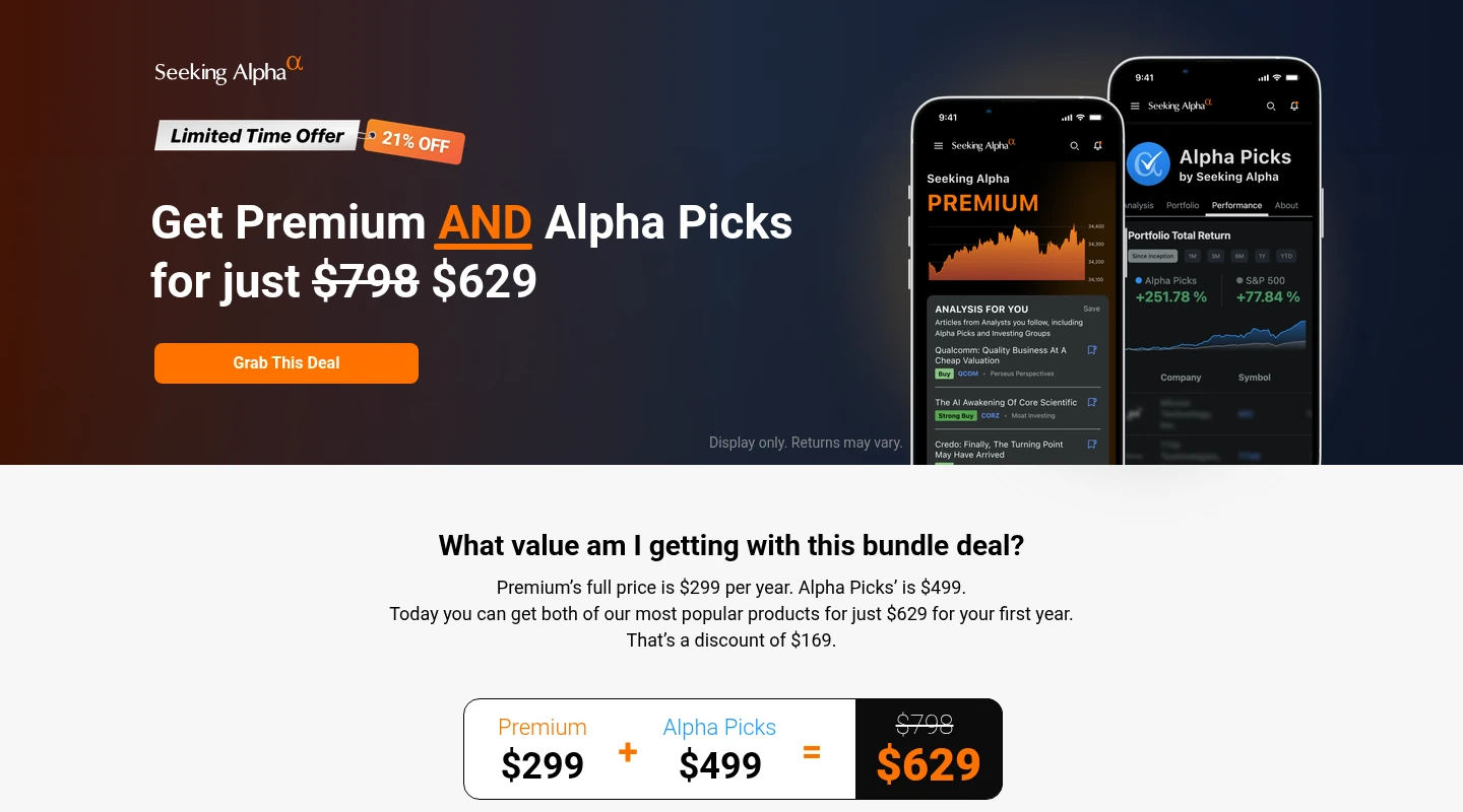 Seeking Alpha offer page for Premium and Alpha Picks for $629 instead of $798, 21% off, with the value of each plan