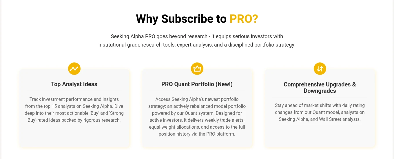 Seeking Alpha PRO offer page listing Top Analyst Ideas, the PRO Quant Portfolio and Comprehensive Upgrades and Downgrades