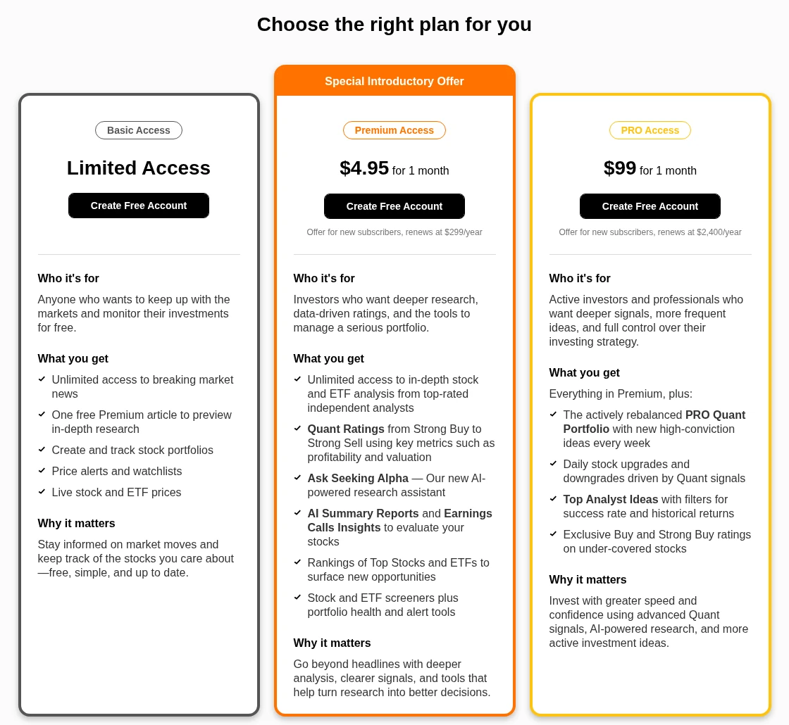 Seeking Alpha plans page comparing Basic, Premium and PRO, with PRO at $99 for the first month and renewing at $2,400 a year