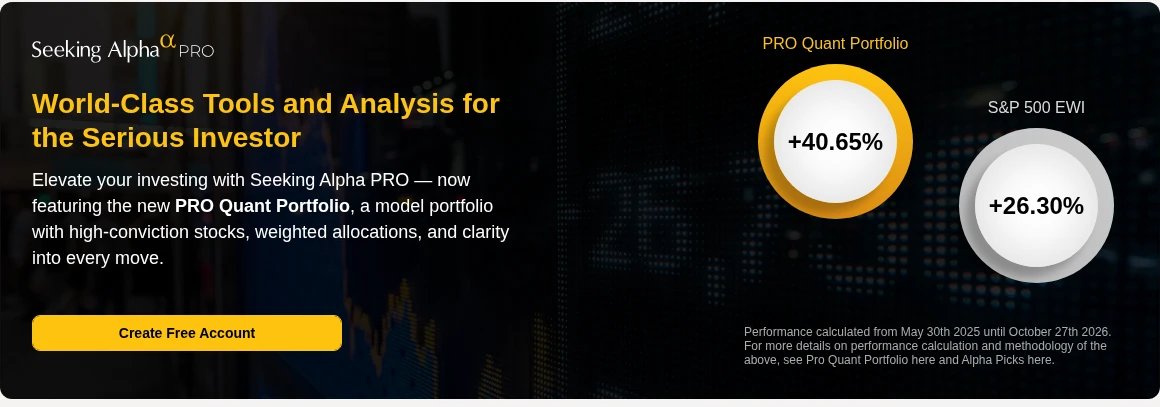 Seeking Alpha PRO page showing the PRO Quant Portfolio at +40.65% against +26.30% for the S&P 500 Equal Weight Index since 30 May 2025
