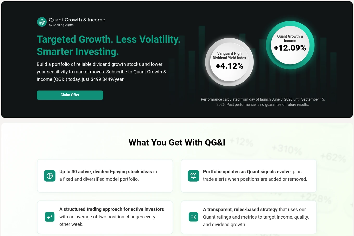 Seeking Alpha Quant Growth and Income partner offer page with the price cut from $499 to $449 for the first year and the four main features
