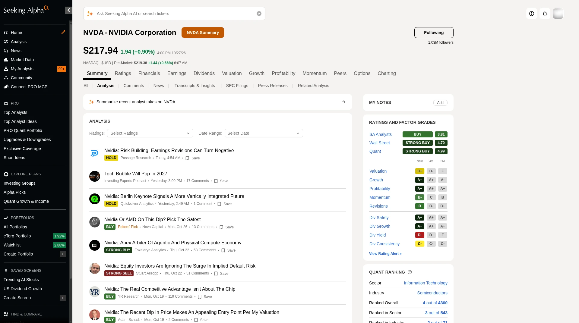 Seeking Alpha Analysis tab listing articles on NVIDIA, each with a Buy, Hold, Sell or Strong Buy rating badge, author and date