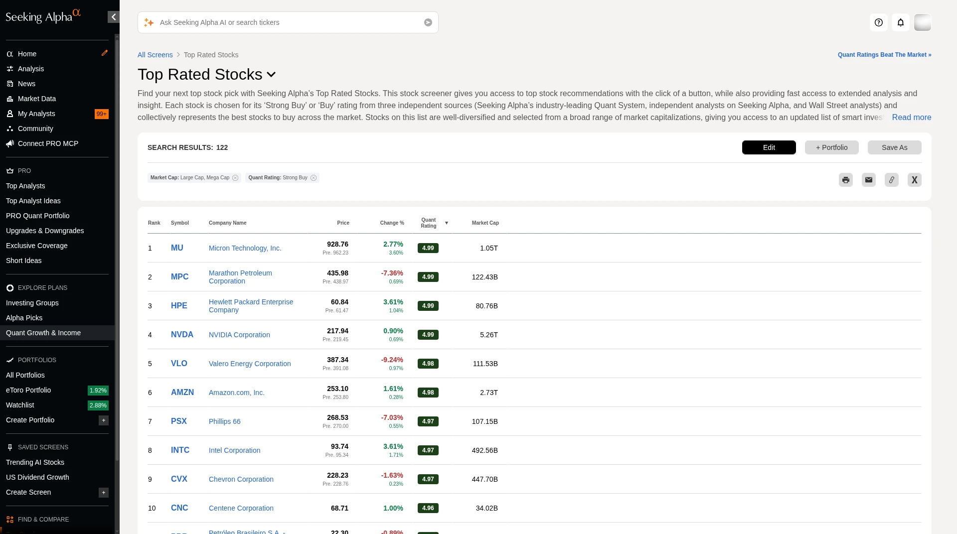 Seeking Alpha Top Rated Stocks screener with filters edited to Large and Mega Cap and a Quant Rating of Strong Buy, showing 122 results