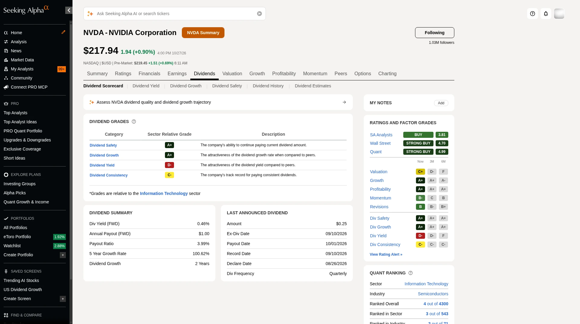 Seeking Alpha Dividend Scorecard with grades for Dividend Safety, Growth, Yield and Consistency and a dividend summary