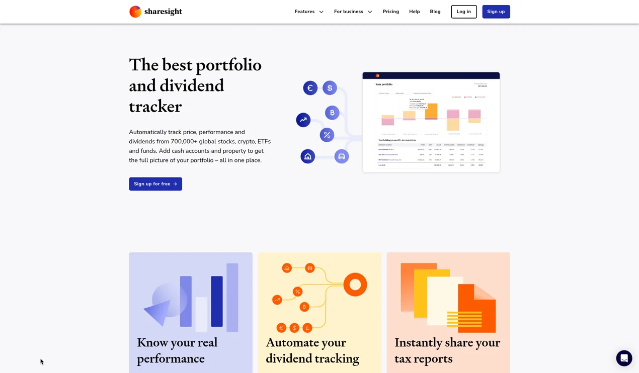 Sharesight features page with a portfolio performance card and tiles for performance, dividends and tax reports