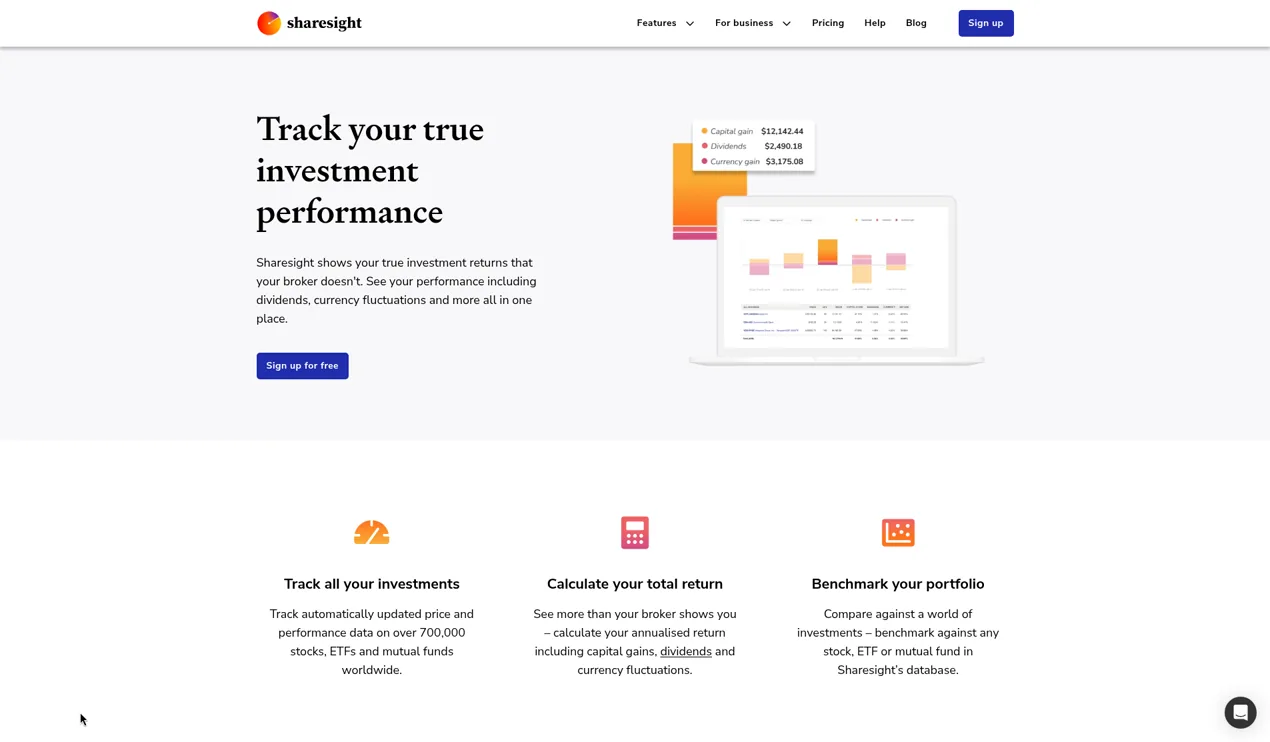 Sharesight investment performance page with a laptop UI showing capital gain, dividends and currency gain next to a holdings table