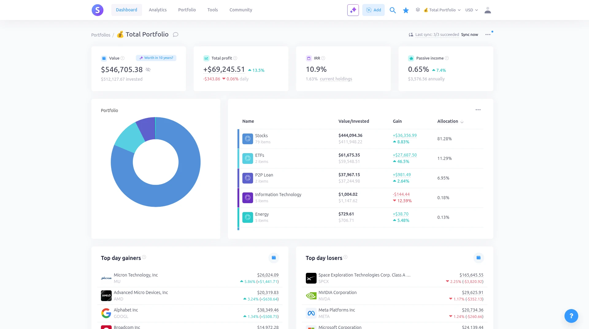 Snowball Analytics dashboard in light mode with portfolio value, total profit, IRR and passive income cards, a portfolio donut chart and top day gainers and losers