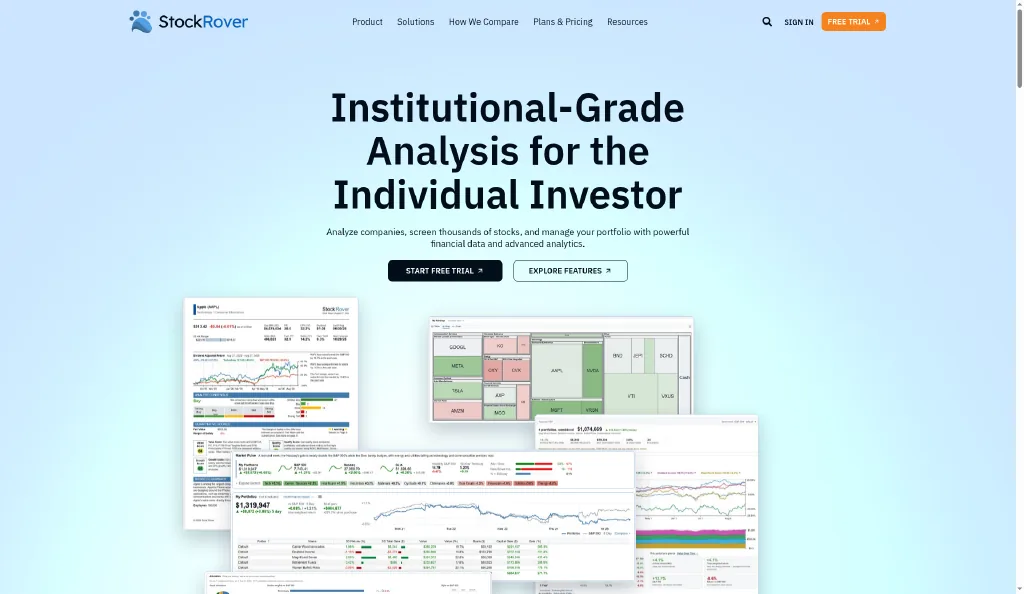 Stock Rover homepage with a product collage showing a stock research report, a market heat map and portfolio dashboards