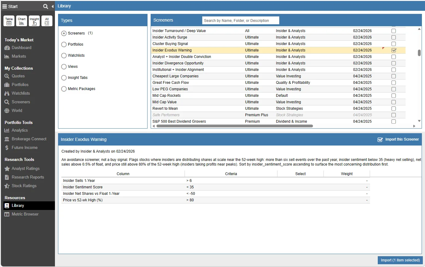 Stock Rover Screener Library with a list of strategy screeners, plan tiers and dates, and a criteria detail panel for one screener