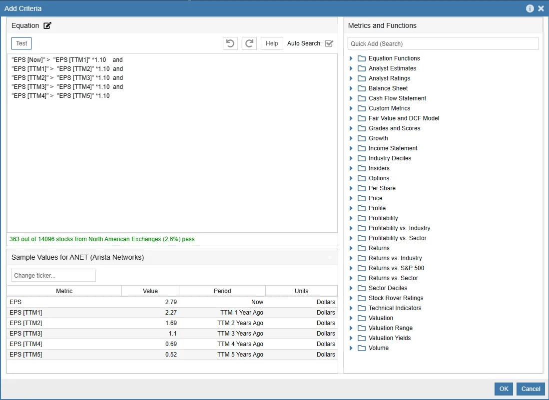 Stock Rover custom screener criteria builder with an equation and metrics panel for building a screen