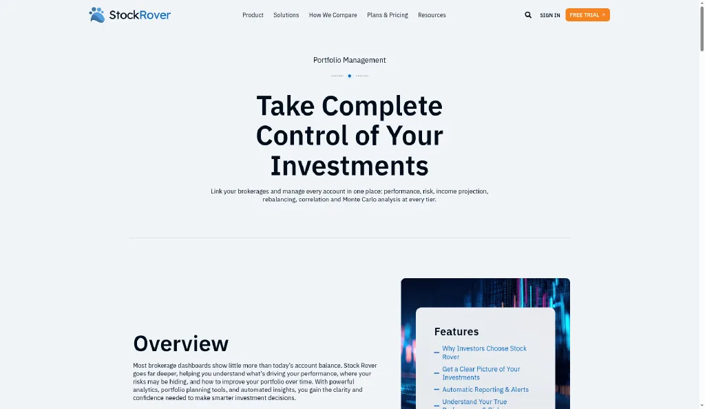 Stock Rover portfolio management feature page with an overview of portfolio tracking and broker-linked tools