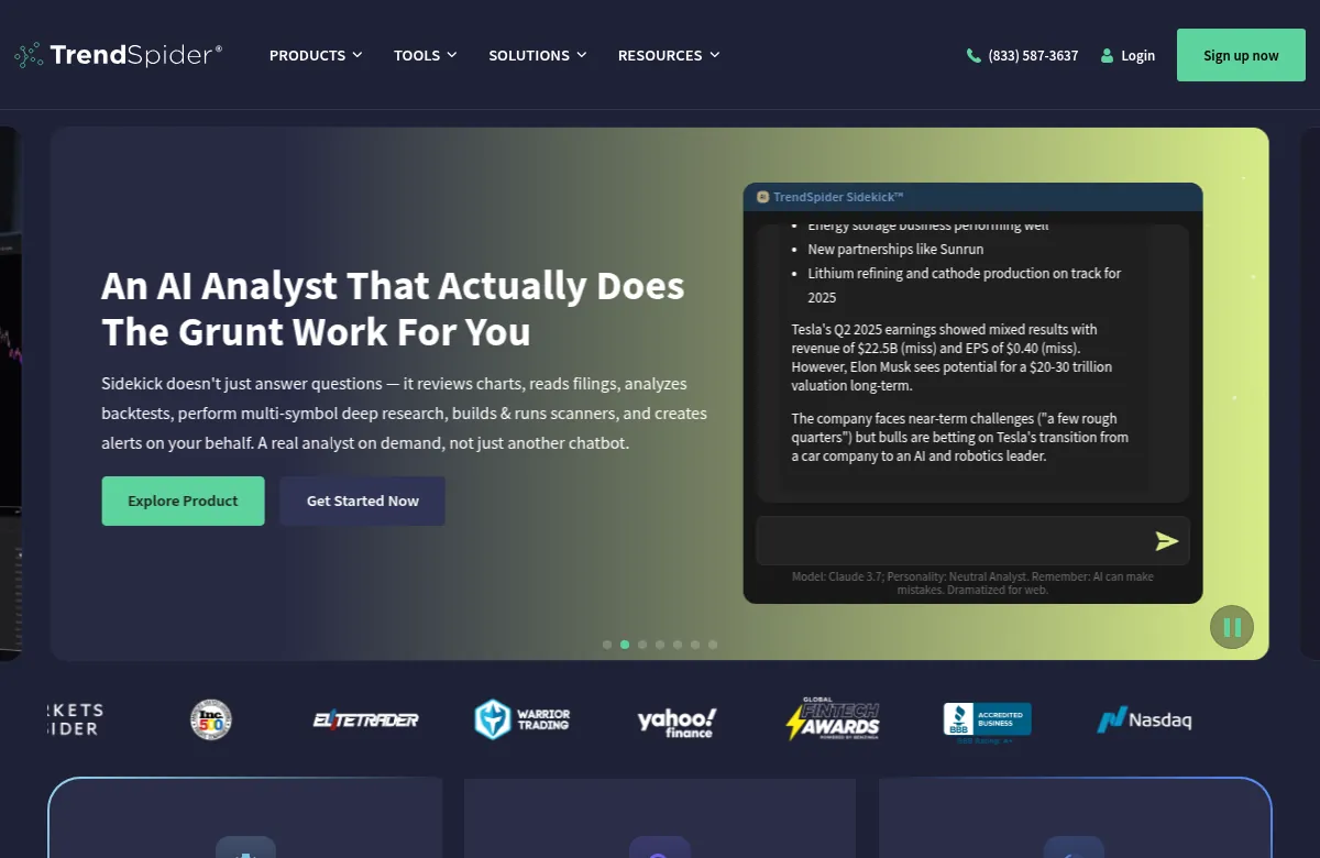 TrendSpider homepage introducing its AI analyst, Sidekick